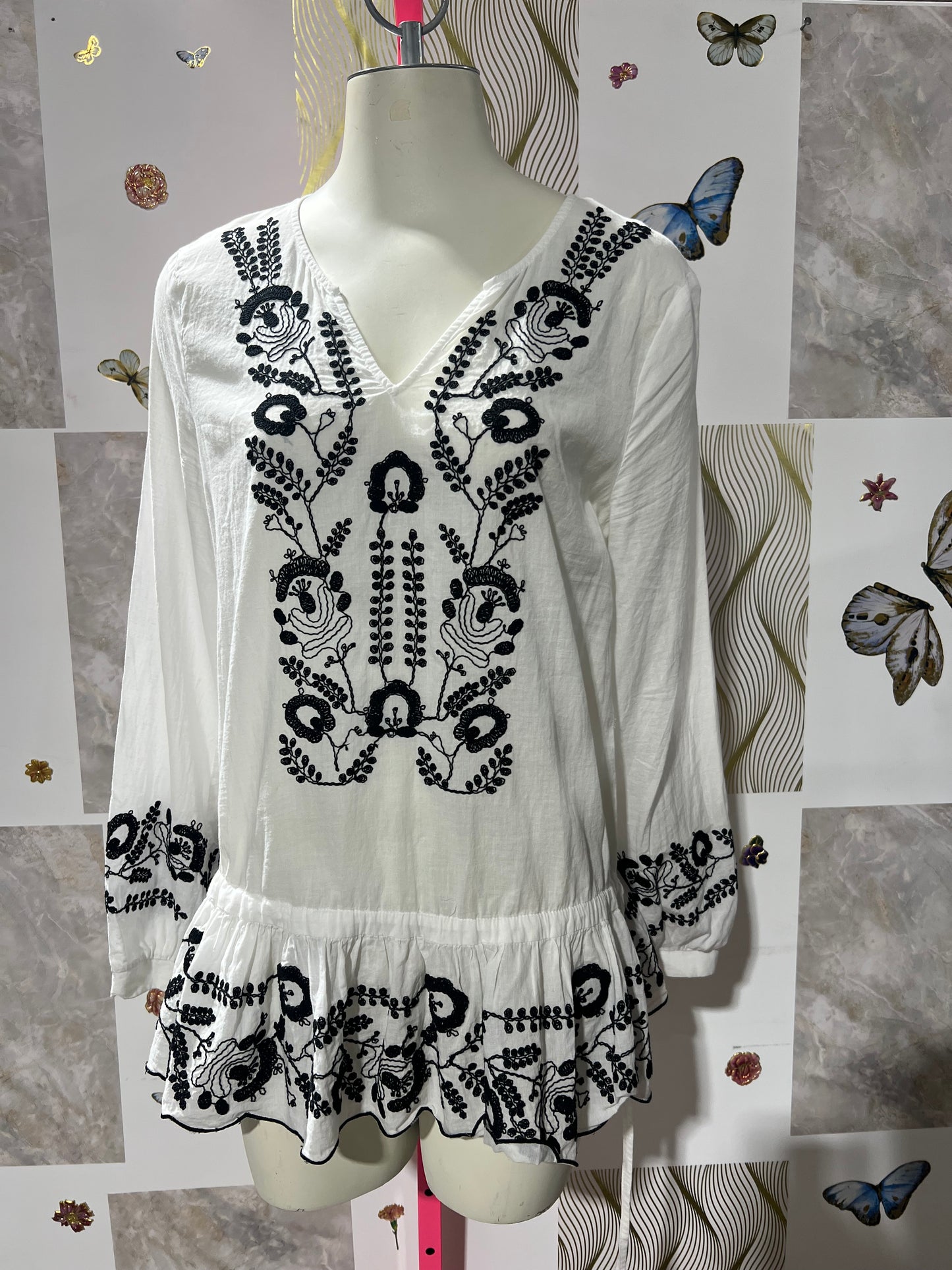 Black Floral White Blouse