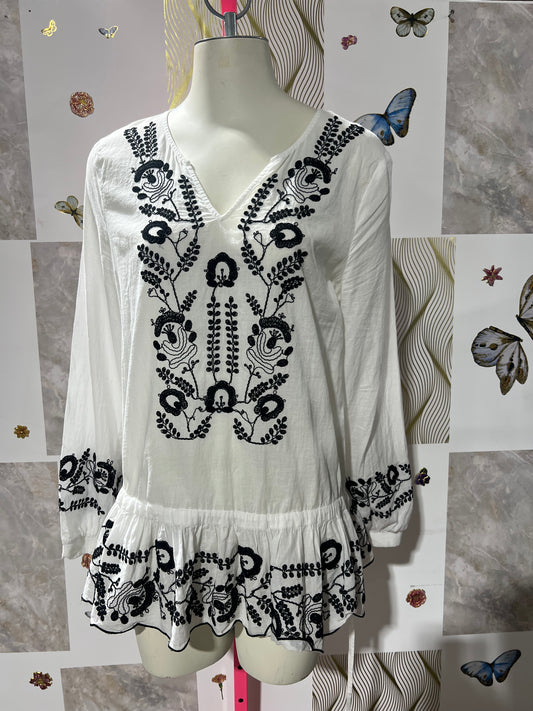 Black Floral White Blouse